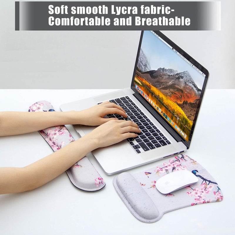 AORTDES Ergonomic Keyboard Mouse Pad Set with Wrist Rest Support, Memory Foam Hand Rest Wrist Cushion Set for Laptop/Notebook/Desktop/Computer/Gaming/Office/Desk, Easy Typing & Pain Relief(Bird & Pink Flower) - Image 5